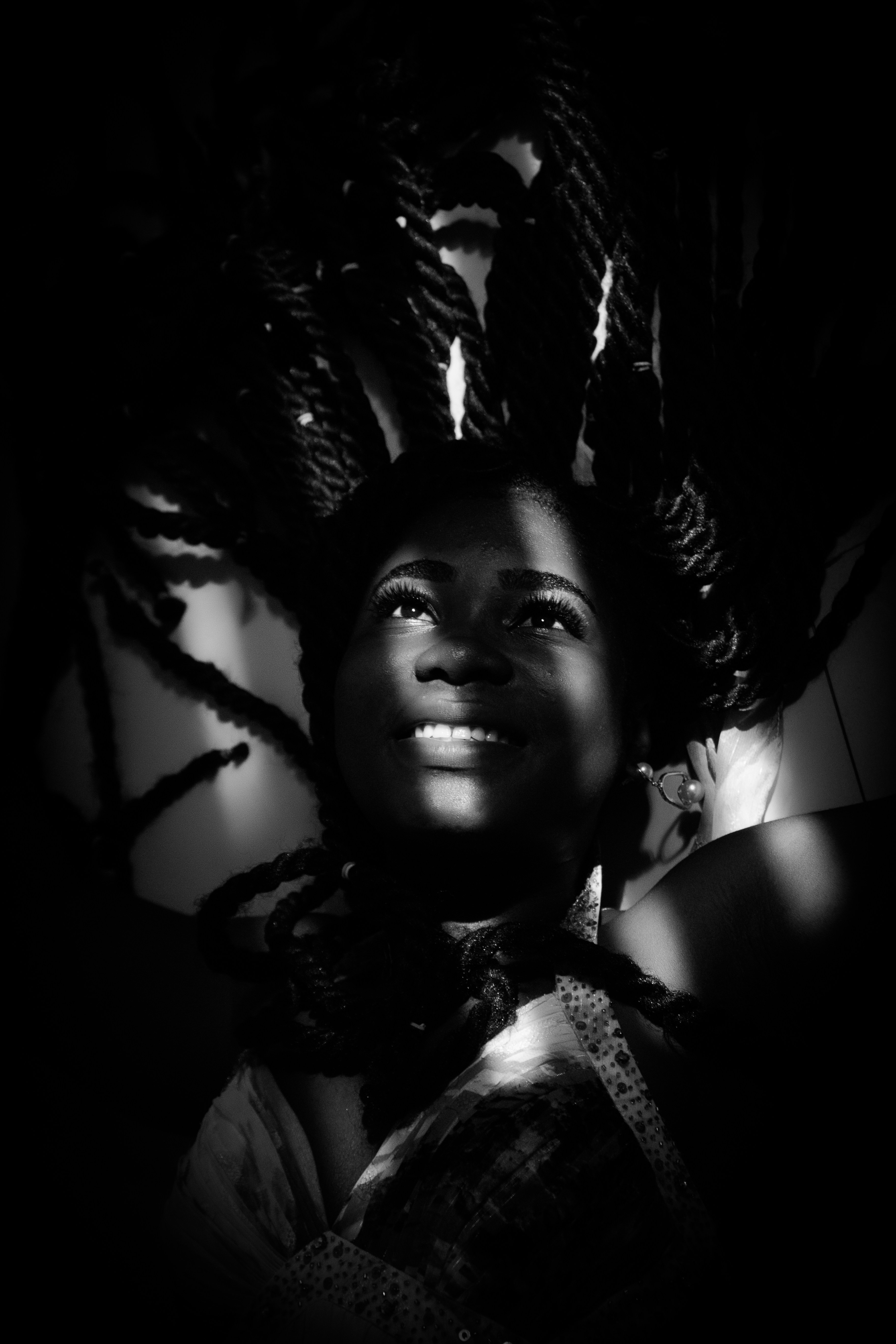 grayscale photo of woman in white collared shirt