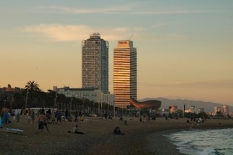 A vibrant Miami beach scene at sunset with people enjoying casual stylish outfits from miami84.