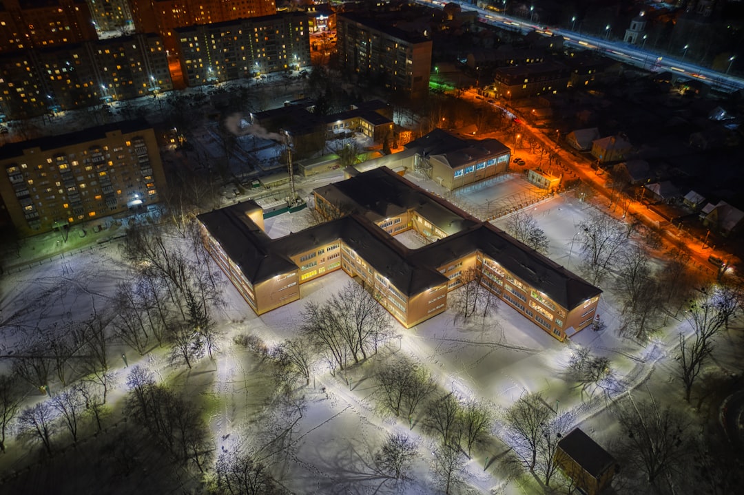 aerial view of city buildings during night time