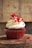 white and red cupcake with white icing on top