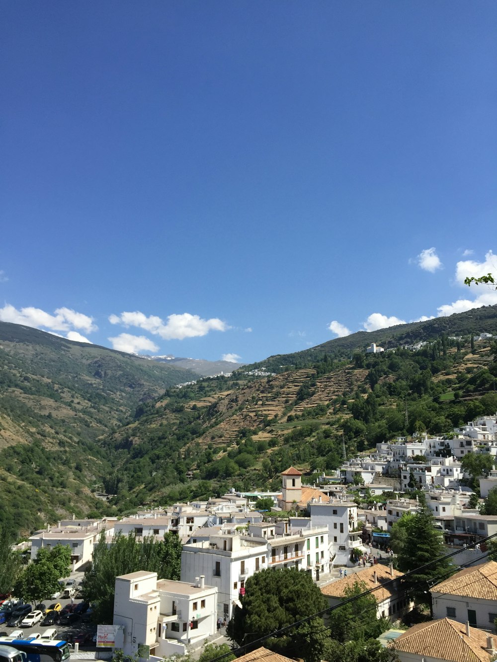 white and brown concrete buildings on green mountain under blue sky during daytime