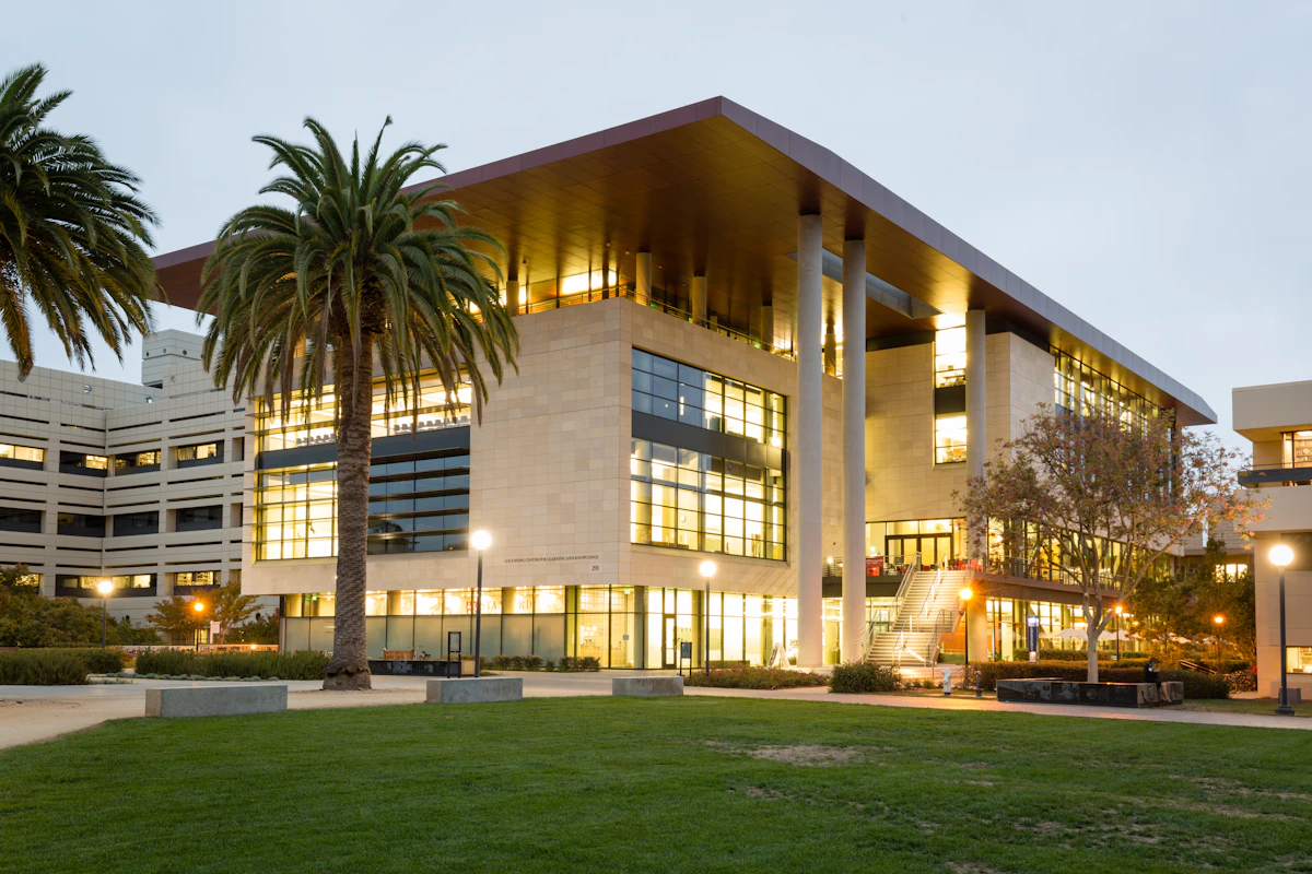 Stanford Üniversitesi kampüsünde palmiyelerle çevrili modern bir fakülte binası