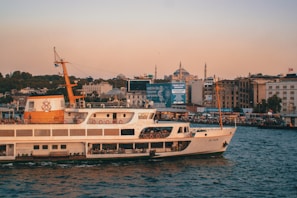 A ferry is cruising on a calm body of water during sunset. The skyline in the background features a cityscape with historic architecture, including minarets and domed buildings. The sky is tinted with warm hues, and a bustling waterfront filled with people and buildings appears on the right.