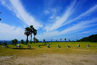 A scenic landscape featuring a grassy park with several stone sculptures scattered throughout. Palm trees line the area, and beyond them, a clear blue ocean stretches to the horizon under a sky filled with wispy clouds.