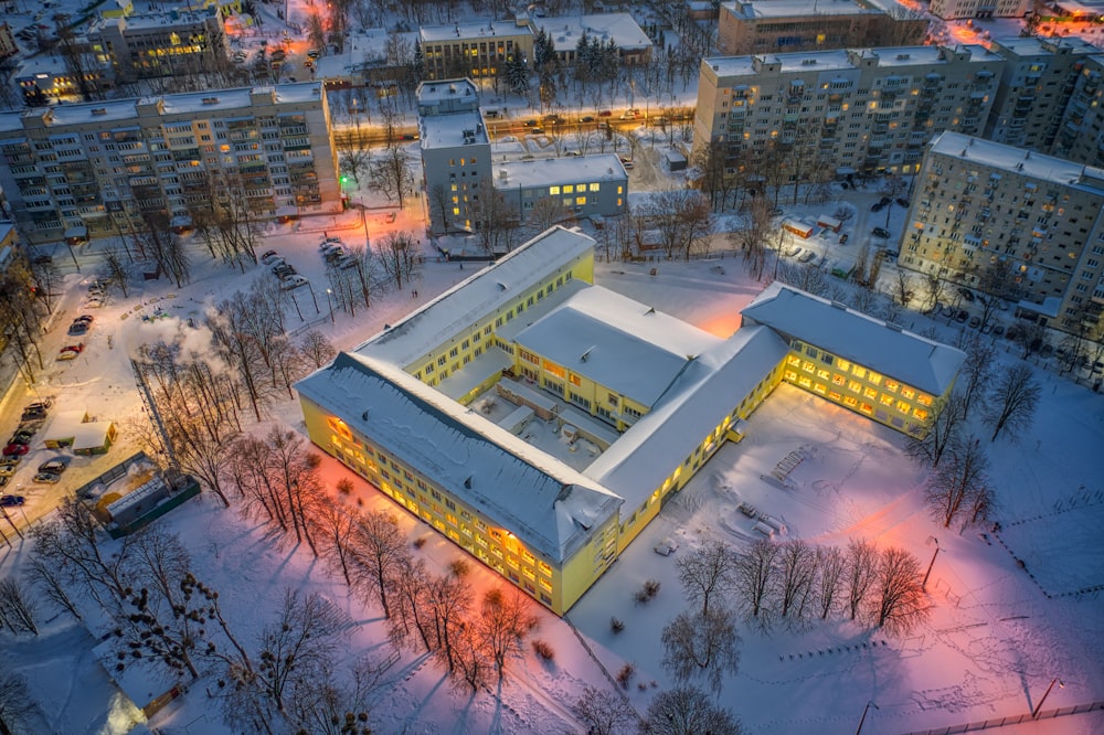 aerial view of city buildings during night time