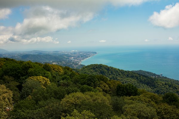 Forested hills running down to the Black Sea — Sochi, Russia