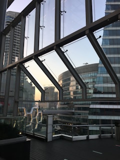 Close-up of modern urban architecture featuring glass and steel structures