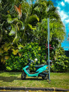 A vibrant photo of a blue scooter parked on a sunny Bali beach road with palm trees in the background.