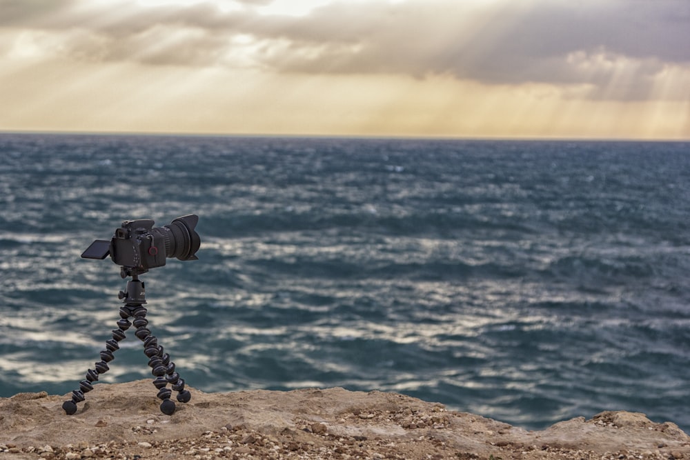 black dslr camera on brown rock near body of water during daytime