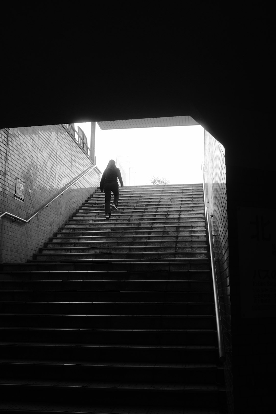 grayscale photo of man walking on stairs