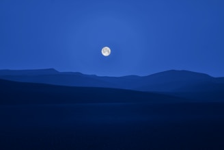 A serene night sky with a full moon illuminating a calm landscape.