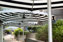 A row of large striped umbrellas lines an outdoor area, shading a walkway next to neatly trimmed bushes and planters. The surrounding environment includes concrete structures and a modern building facade.