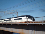 A modern electric train gliding smoothly on polished tracks under a clear sky.