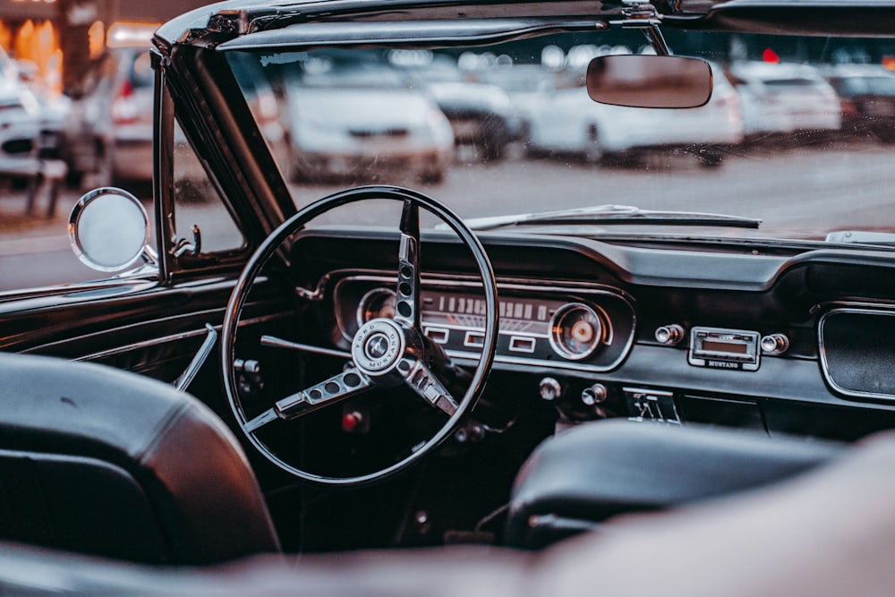 black steering wheel in tilt shift lens