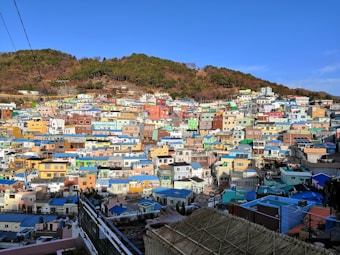A colorful hillside neighborhood with various rectangular buildings painted in vibrant shades of blue, yellow, pink, and green. The densely packed houses are nestled against a backdrop of a forested hill under a clear blue sky.