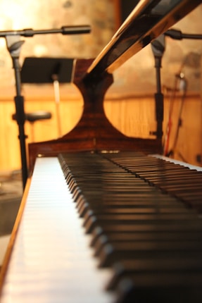 A close-up view of a piano keyboard with black and white keys, stretching into the background. Microphones on stands are visible, suggesting a musical setup or recording environment. The wooden paneling and warm lighting create a cozy atmosphere.