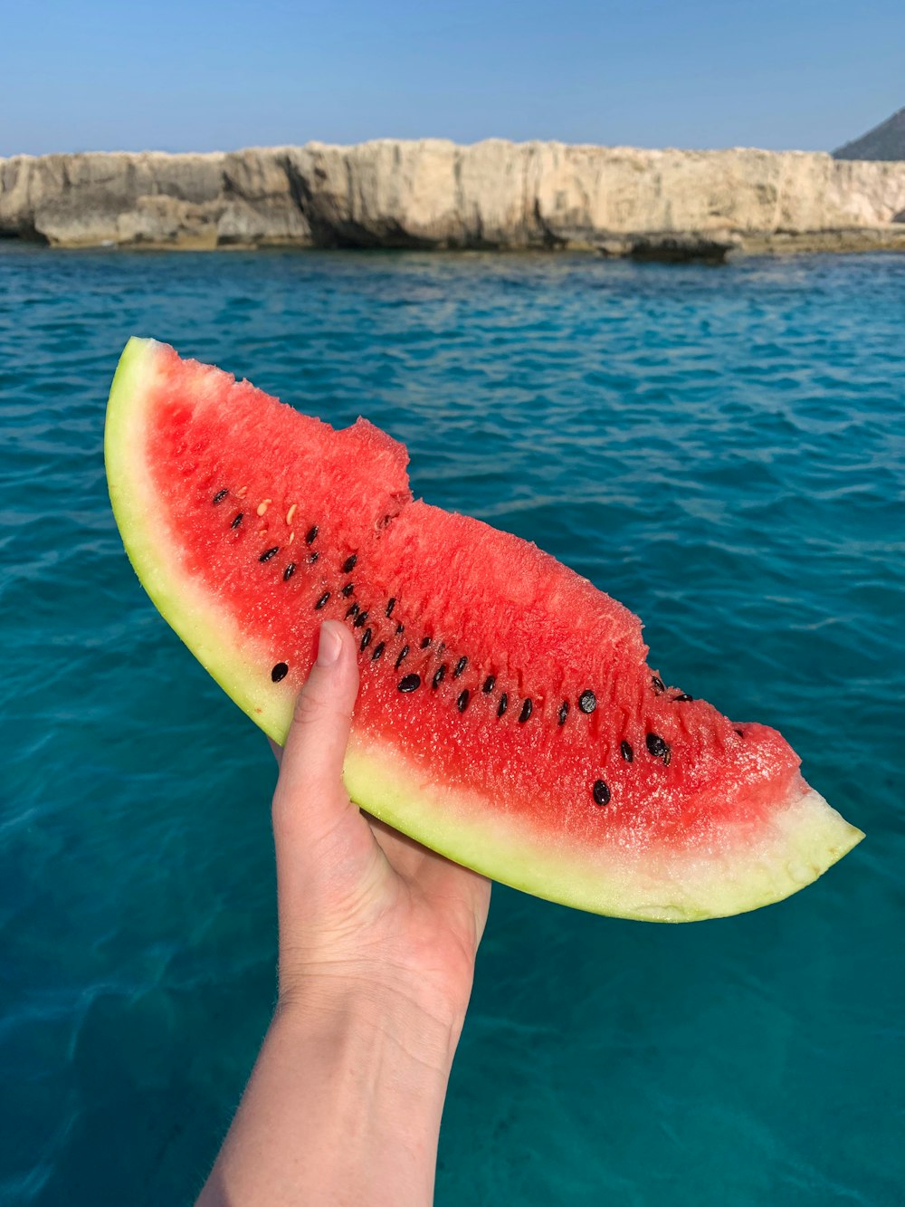 person holding watermelon with water in the background