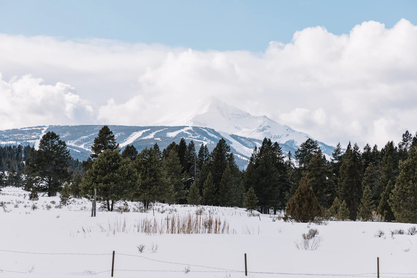 Snowy mountain above evergreen forest in Big Sky, Montana