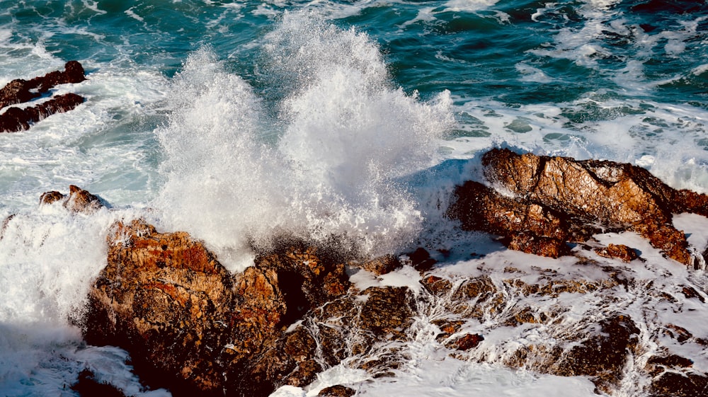 ocean waves crashing on brown rocky shore during daytime