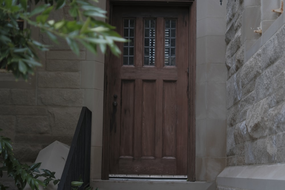 brown wooden door with green plant