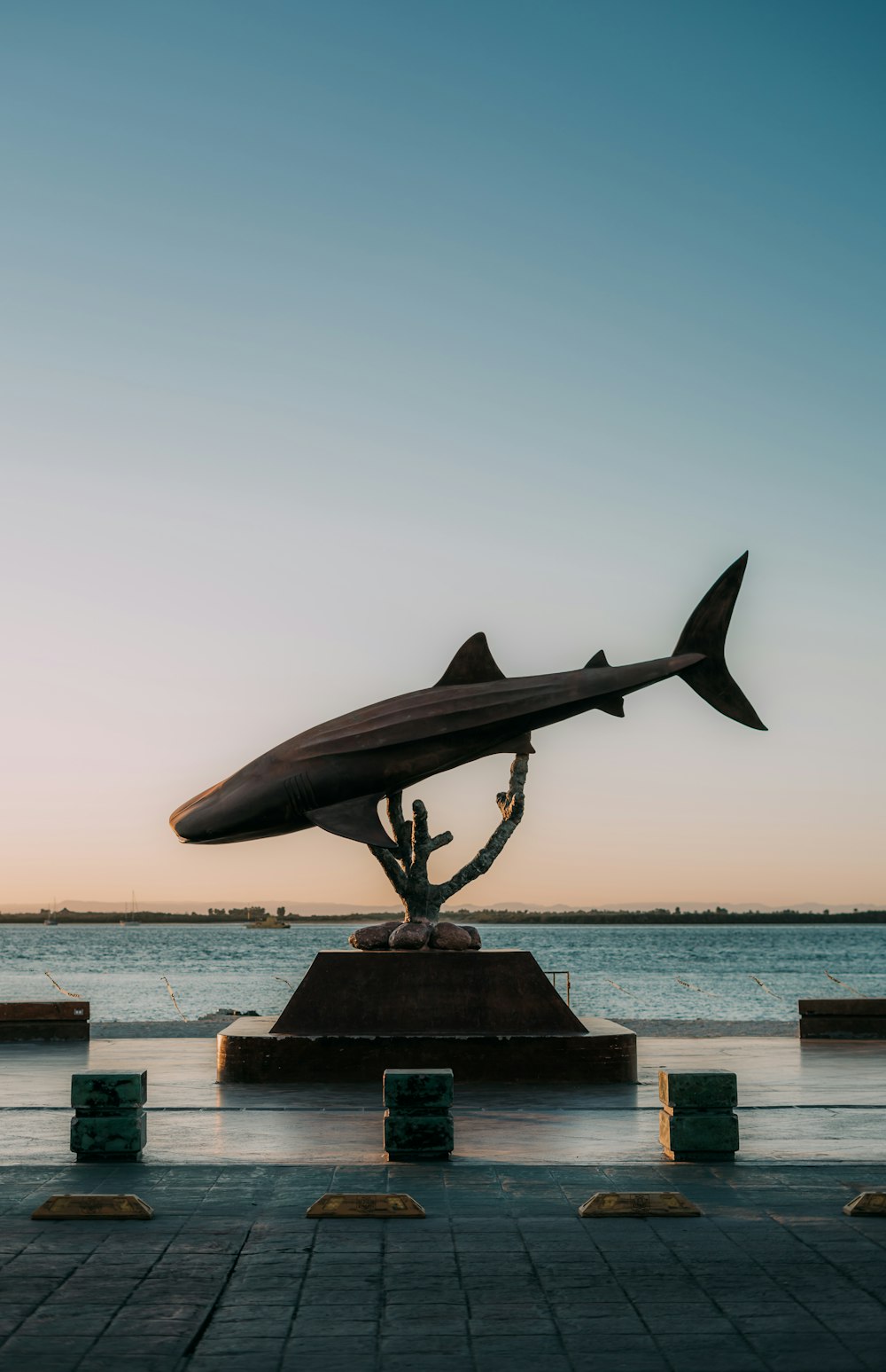 black bird statue on brown wooden table near body of water during daytime