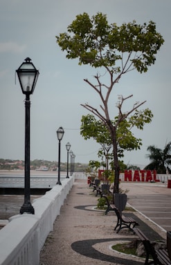 A paved walkway lined with black lampposts and green trees in large planter pots. On one side, a white railing overlooks a body of water with a cityscape in the distance. The path features curved black and white patterns and several wooden benches. Red letters spelling out 'NATAL' are visible in the background.