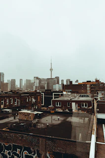 Urban cityscape featuring a cluster of high-rise buildings under a gray, overcast sky. The foreground shows older buildings with graffiti on the walls and rooftops, contrasting with the modern skyscrapers in the background. The prominent CN Tower is visible, extending into the sky, serving as a focal point.