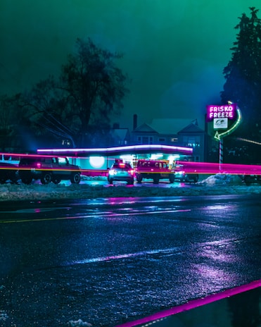 Taquito dodging icy blasts in a neon-lit frozen cityscape.