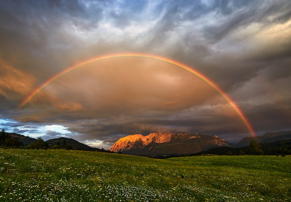 Champ d’herbe verte près de la montagne brune sous l’arc-en-ciel