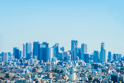 A panoramic view of upscale urban real estate properties under clear skies.