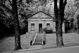 grayscale photo of a wooden bench in front of a tree