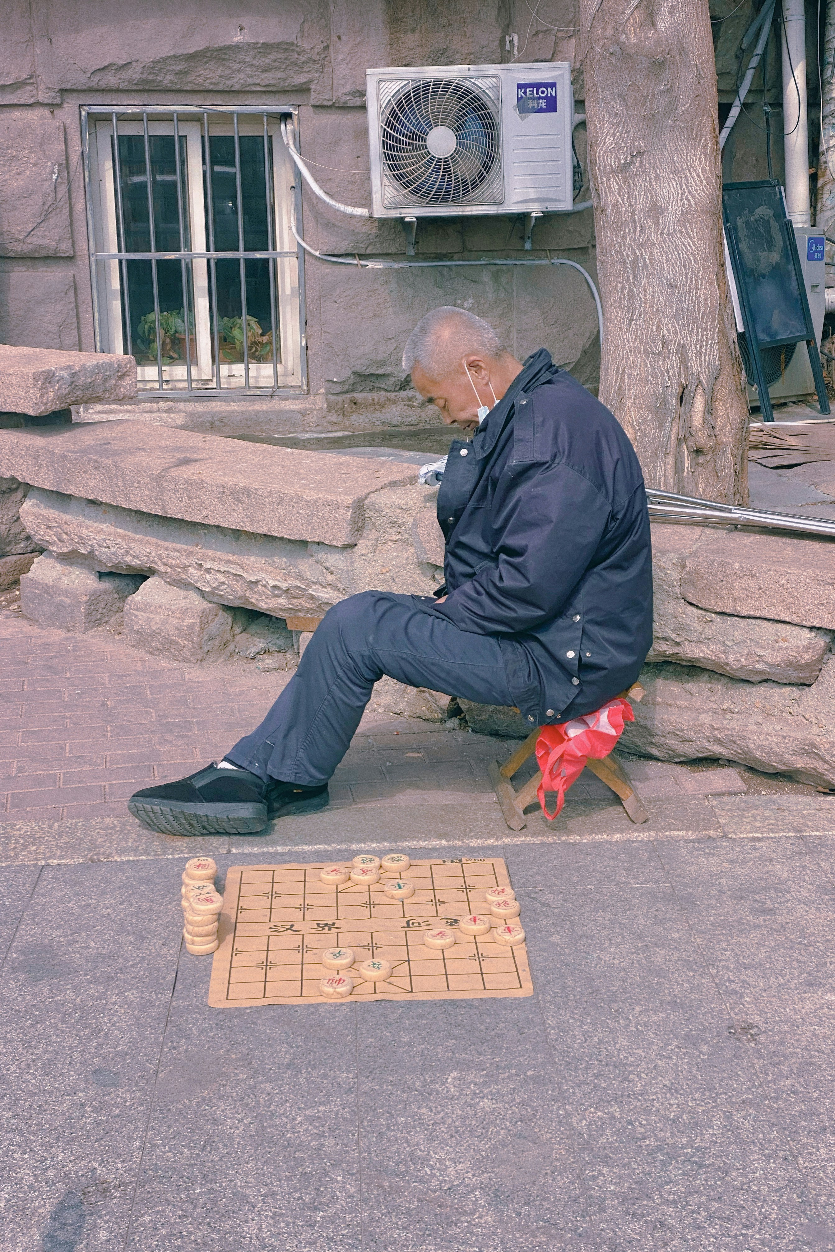 man in black jacket and black pants sitting on concrete bench beside brown short coated dog