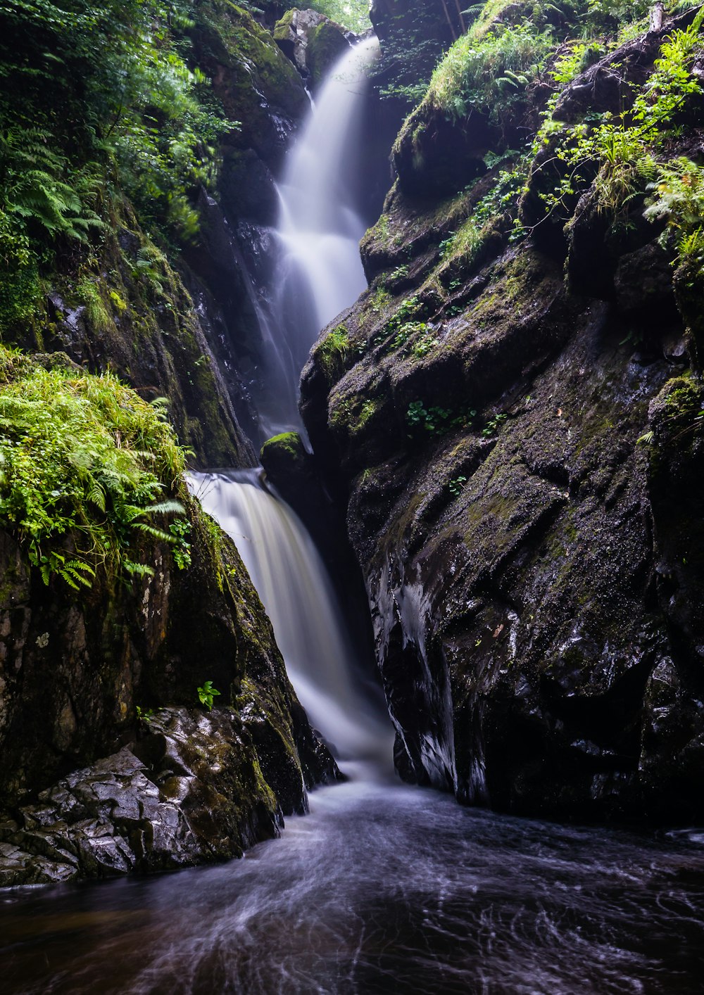 water falls between green moss covered rocks