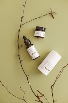 A minimalist arrangement featuring a dropper bottle, a jar, and a cylindrical container with skincare product labels on a light green surface. Delicate brown twigs are placed artistically around the products, enhancing the natural aesthetic.