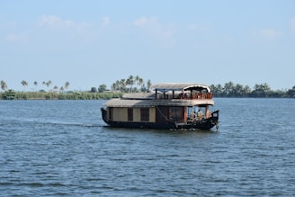 A traditional houseboat cruising through the backwaters.