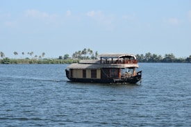A traditional houseboat is sailing on a wide, calm river. The boat has a thatched roof and wooden sides, evoking a rustic charm. In the background, a line of tall palm trees is visible on the riverbank, under a clear blue sky.