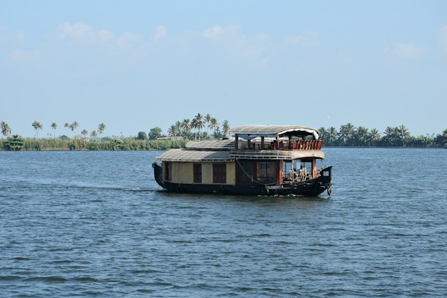 A traditional houseboat is sailing on a wide, calm river. The boat has a thatched roof and wooden sides, evoking a rustic charm. In the background, a line of tall palm trees is visible on the riverbank, under a clear blue sky.