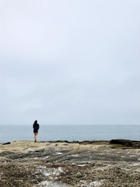 A rugged survivor standing on a rocky shore, scanning the wild island horizon under a stormy sky.