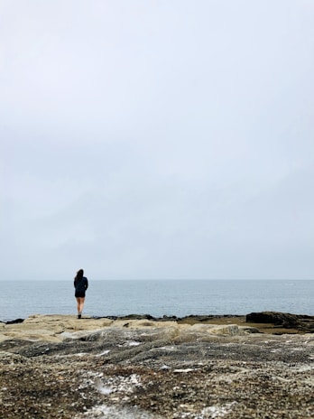 A solitary figure standing on a cliff, gazing at the horizon.