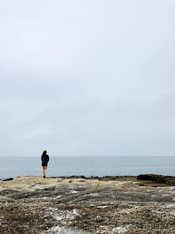 A rugged survivor standing on a rocky shore, scanning the wild island horizon under a stormy sky.