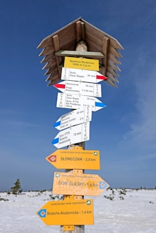 A wooden signpost stands outdoors in a snowy landscape, with multiple colorful directional signs pointing in various directions. The signs display distances and directions to different locations, including 'Spalona Strażnica' at 1430 meters above sea level. The background shows a clear blue sky and sparse vegetation emerging from the snow.