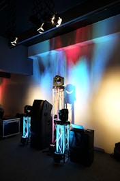 black and gray speakers on black table