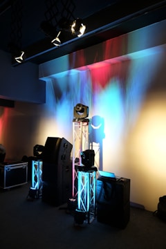 black and gray speakers on black table