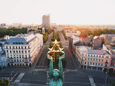 The Freedom Monument and the Art Nouveau streets of Riga from above