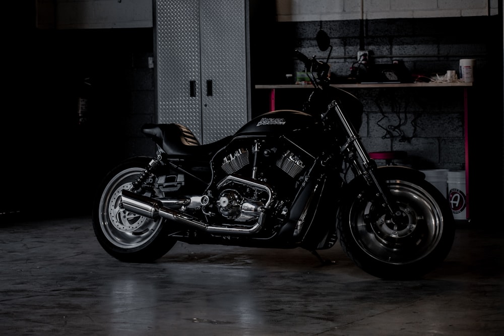 black and silver cruiser motorcycle