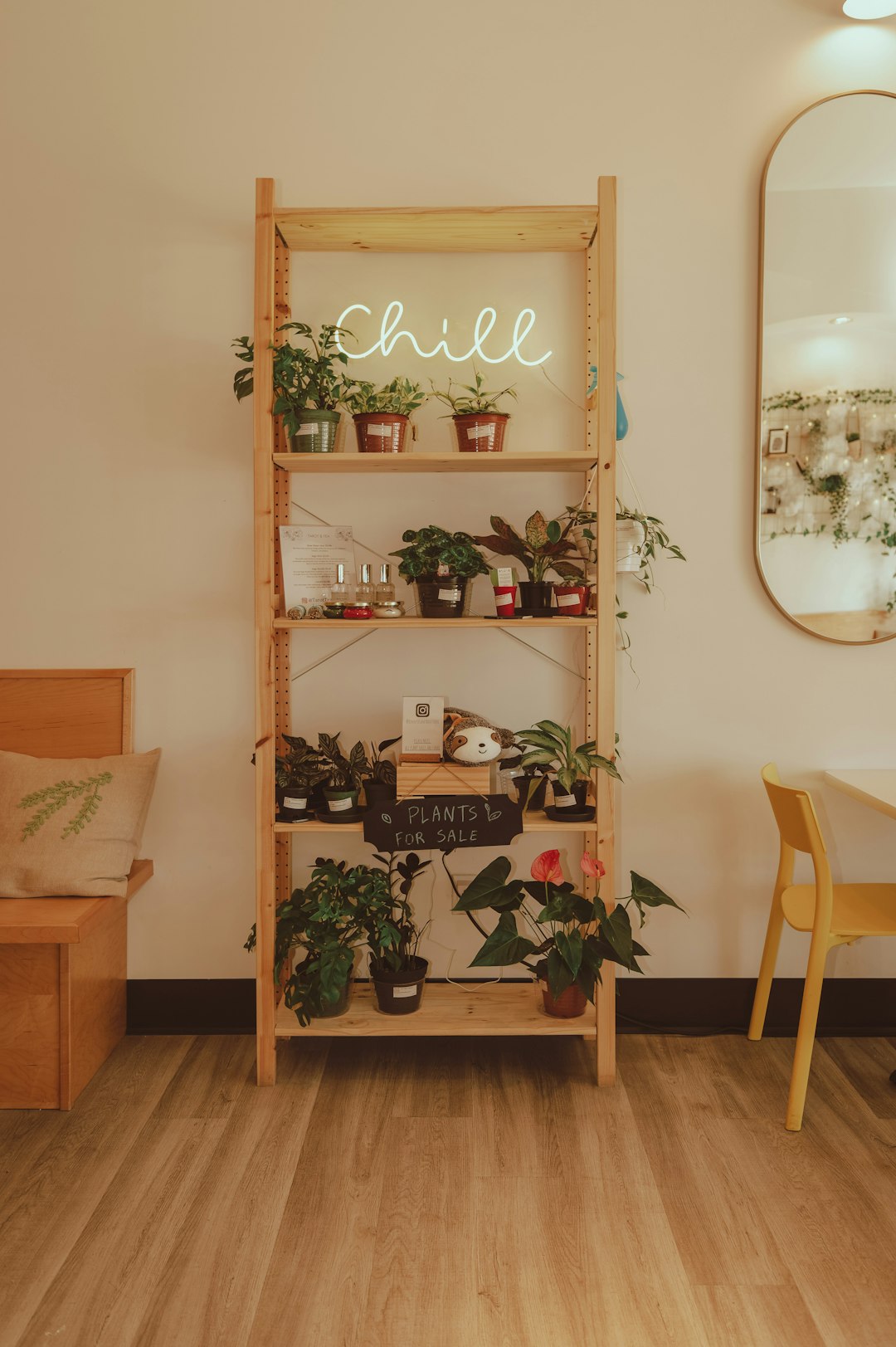 brown wooden chair beside brown wooden shelf