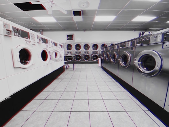 A modern laundromat with self-service washing machines and a clean environment.