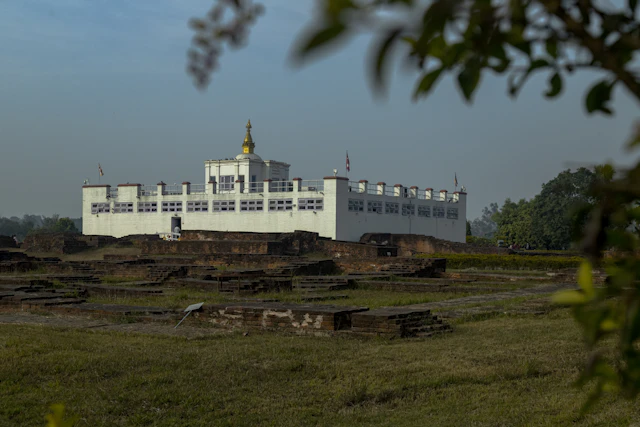 Maya Devi Temple across the ruins in Lumbini