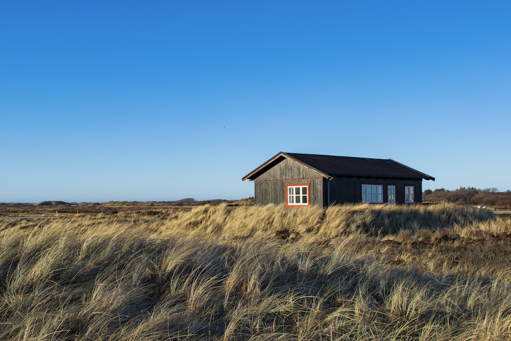 brown wooden house on brown grass field under blue sky during daytime