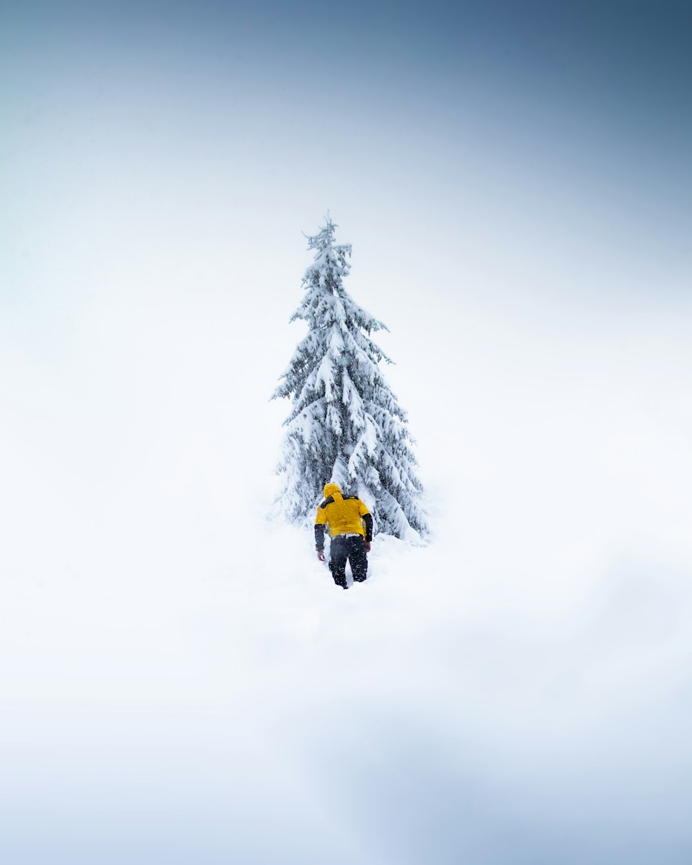 person in yellow jacket and black pants standing on snow covered ground